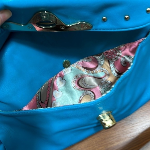 Galian Bright Blue Shoulder Bag with Gold Tone Trim and Tassels - Picture 6 of 8